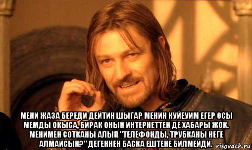  мени жаза береди дейтин шыгар менин куйеуим егер осы мемды окыса, бирак онын интернеттен де хабары жок. менимен сотканы алып "телефонды, трубканы неге алмайсын?" дегеннен баска ештене билмейди., Мем Нельзя просто так взять и (Боромир мем)