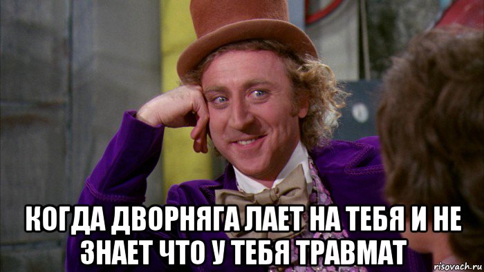  когда дворняга лает на тебя и не знает что у тебя травмат, Мем Ну давай расскажи (Вилли Вонка)