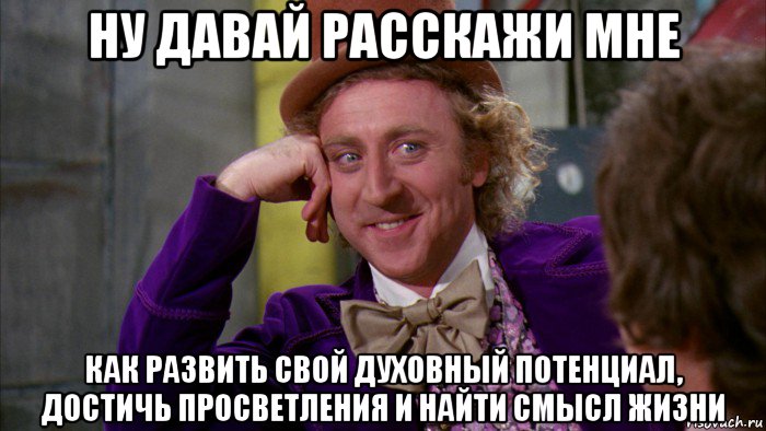 ну давай расскажи мне как развить свой духовный потенциал, достичь просветления и найти смысл жизни, Мем Ну давай расскажи (Вилли Вонка)