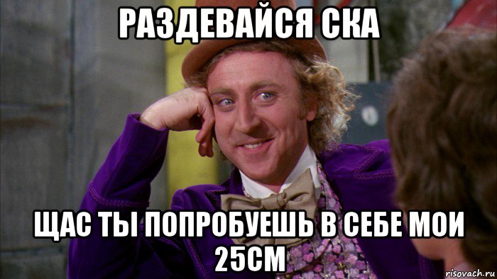 раздевайся ска щас ты попробуешь в себе мои 25см, Мем Ну давай расскажи (Вилли Вонка)