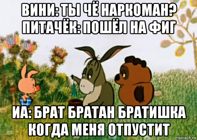 вини: ты чё наркоман? питачёк: пошёл на фиг иа: брат братан братишка когда меня отпустит, Мем Винни Пух Пятачок и Иа