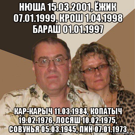 нюша 15.03.2001, ёжик 07.01.1999, крош 1.04.1998 бараш 01.01.1997 кар-карыч 11.03.1984, копатыч 19.02.1976, лосяш 10.02.1975, совунья 05.03.1945, пин 07.01.1973, Мем  Злые родители