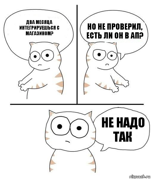 Два месяца интегрируешься с магазином? Но не проверил, есть ли он в АП? Не надо так, Комикс Не надо так кот