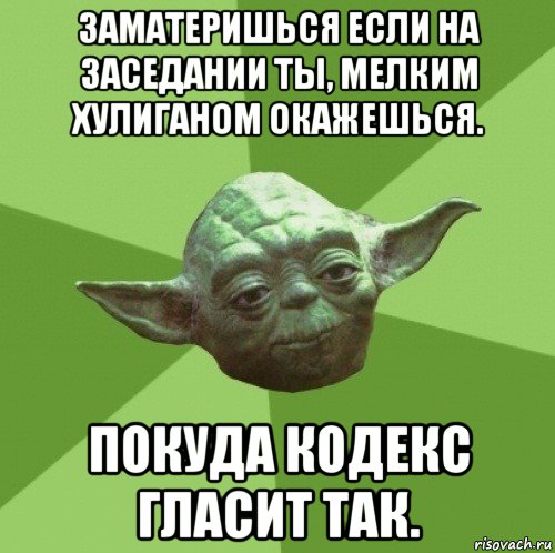 заматеришься если на заседании ты, мелким хулиганом окажешься. покуда кодекс гласит так., Мем Мастер Йода