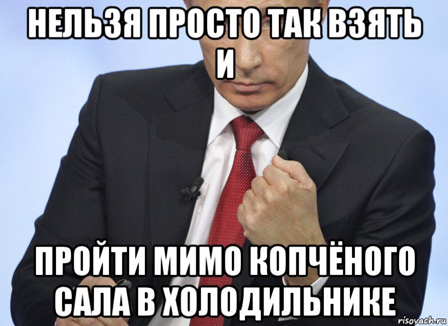 нельзя просто так взять и пройти мимо копчёного сала в холодильнике, Мем Путин показывает кулак