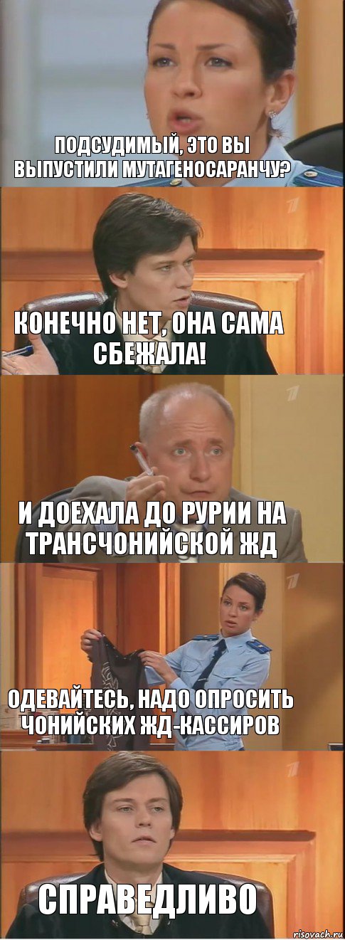 Подсудимый, это вы выпустили мутагеносаранчу? Конечно нет, она сама сбежала! И доехала до Рурии на ТрансЧонийской ЖД Одевайтесь, надо опросить чонийских ЖД-кассиров Справедливо, Комикс Суд