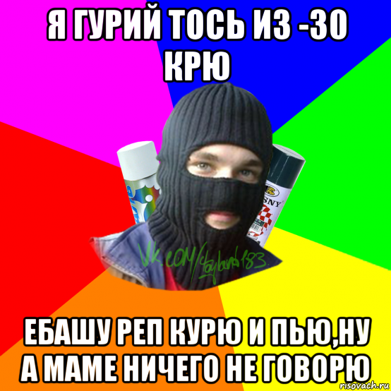 я гурий тось из -30 крю ебашу реп курю и пью,ну а маме ничего не говорю, Мем ТИПИЧНЫЙ РАЙТЕР