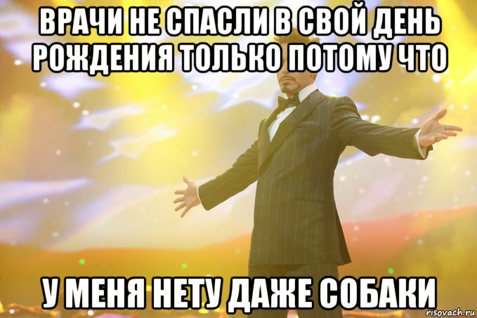 врачи не спасли в свой день рождения только потому что у меня нету даже собаки, Мем Тони Старк (Роберт Дауни младший)