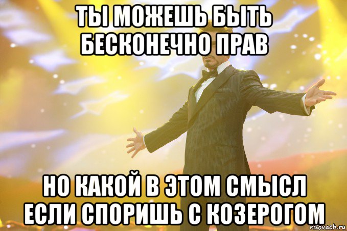 ты можешь быть бесконечно прав но какой в этом смысл если споришь с козерогом, Мем Тони Старк (Роберт Дауни младший)