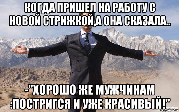 когда пришел на работу с новой стрижкой,а она сказала.. -"хорошо же мужчинам :постригся и уже красивый!", Мем железный человек