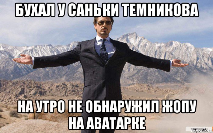 бухал у саньки темникова на утро не обнаружил жопу на аватарке, Мем железный человек