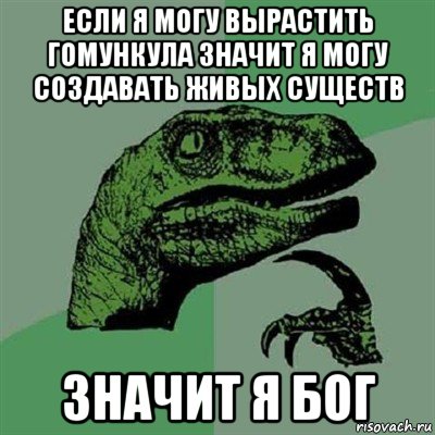 если я могу вырастить гомункула значит я могу создавать живых существ значит я бог, Мем Филосораптор