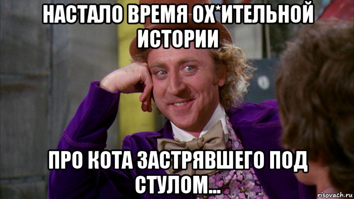 настало время ох*ительной истории про кота застрявшего под стулом..., Мем Ну давай расскажи (Вилли Вонка)