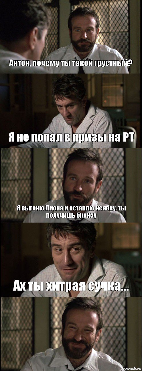 Антон, почему ты такой грустный? Я не попал в призы на РТ Я выгоню Лиона и оставлю неявку, ты получишь бронзу Ах ты хитрая сучка... 