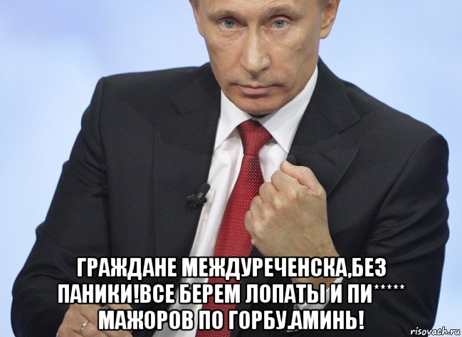  граждане междуреченска,без паники!все берем лопаты и пи***** мажоров по горбу.аминь!, Мем Путин показывает кулак