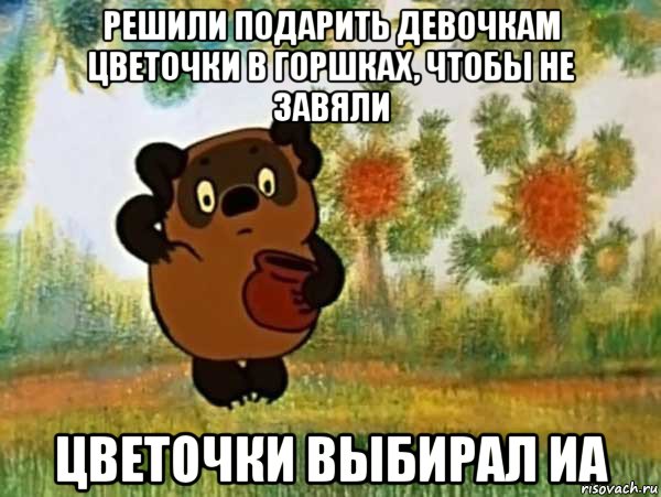 решили подарить девочкам цветочки в горшках, чтобы не завяли цветочки выбирал иа, Мем Винни пух чешет затылок