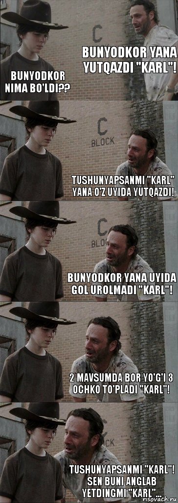 Bunyodkor yana yutqazdi "Karl"! Bunyodkor nima bo'ldi?? Tushunyapsanmi "Karl" yana o'z uyida yutqazdi! Bunyodkor yana uyida gol urolmadi "Karl"! 2 mavsumda bor yo'g'i 3 ochko to'pladi "Karl"! Tushunyapsanmi "Karl"! Sen buni anglab yetdingmi "Karl"..., Комикс  Carl