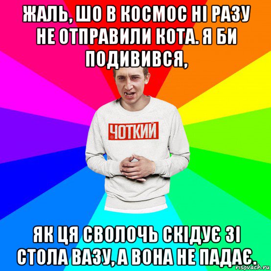 жаль, шо в космос ні разу не отправили кота. я би подивився, як ця сволочь скідує зі стола вазу, а вона не падає., Мем Чоткий