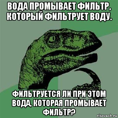 вода промывает фильтр, который фильтрует воду. фильтруется ли при этом вода, которая промывает фильтр?, Мем Филосораптор