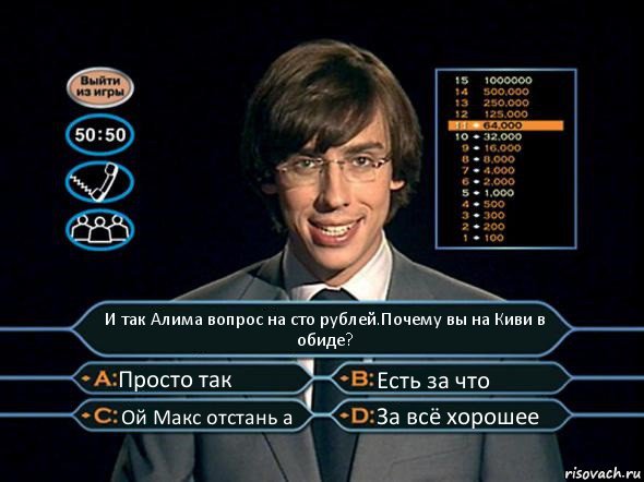 И так Алима вопрос на сто рублей.Почему вы на Киви в обиде? Просто так Есть за что Ой Макс отстань а За всё хорошее, Комикс  галкин