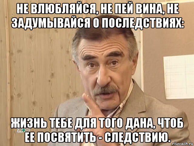 не влюбляйся, не пей вина, не задумывайся о последствиях: жизнь тебе для того дана, чтоб ее посвятить - следствию., Мем Каневский (Но это уже совсем другая история)