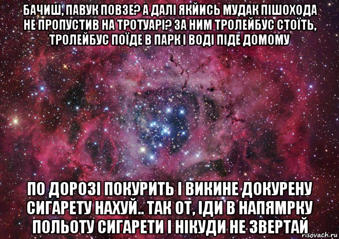 бачиш, павук повзе? а далі якйись мудак пішохода не пропустив на тротуарі? за ним тролейбус стоїть, тролейбус поїде в парк і воді піде домому по дорозі покурить і викине докурену сигарету нахуй.. так от, іди в напямрку польоту сигарети і нікуди не звертай, Мем Ты просто космос