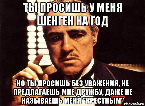 ты просишь у меня шенген на год но ты просишь без уважения, не предлагаешь мне дружбу, даже не называешь меня "крестным", Мем крестный отец