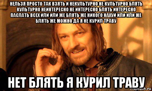 нельзя просто так взять и некультурно не культурно блять культурно неинтересно не интересно блять интересно паслать всех или или же блять же никого нахуй или или же блять же можно да я не курил траву нет блять я курил траву, Мем Нельзя просто так взять и (Боромир мем)