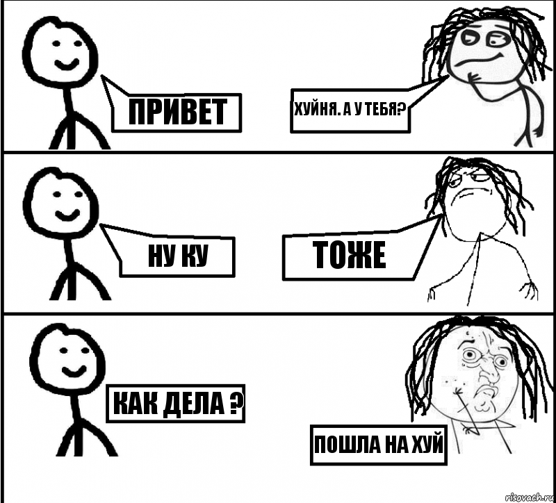 Привет ну ку Как дела ? Хуйня. А у тебя? тоже Пошла на хуй, Комикс  Теребенко и Диб