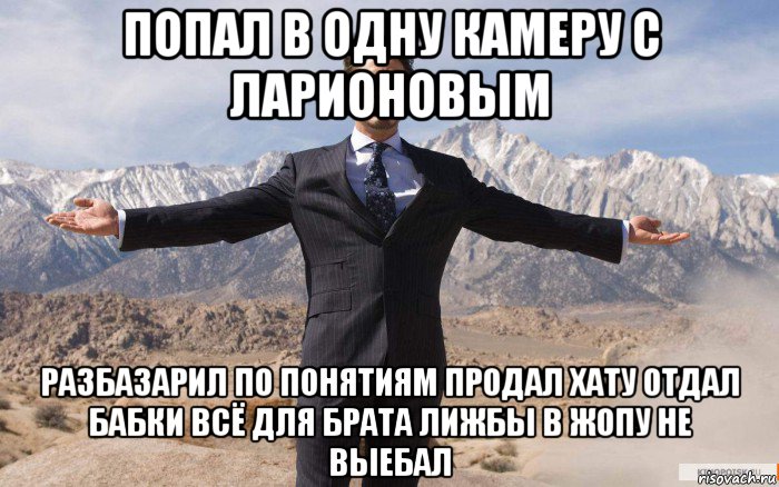 попал в одну камеру с ларионовым разбазарил по понятиям продал хату отдал бабки всё для брата лижбы в жопу не выебал, Мем железный человек