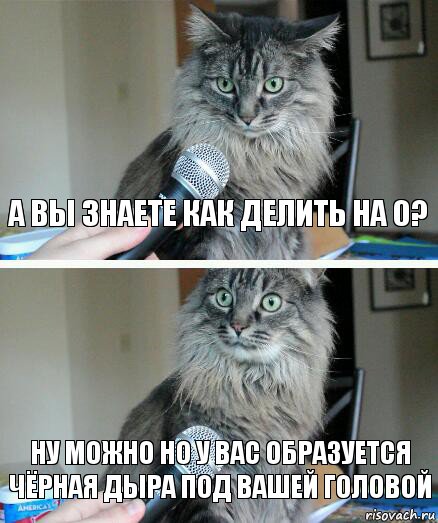 А вы знаете как делить на 0? Ну можно но у вас образуется чёрная дыра под вашей головой, Комикс  кот с микрофоном