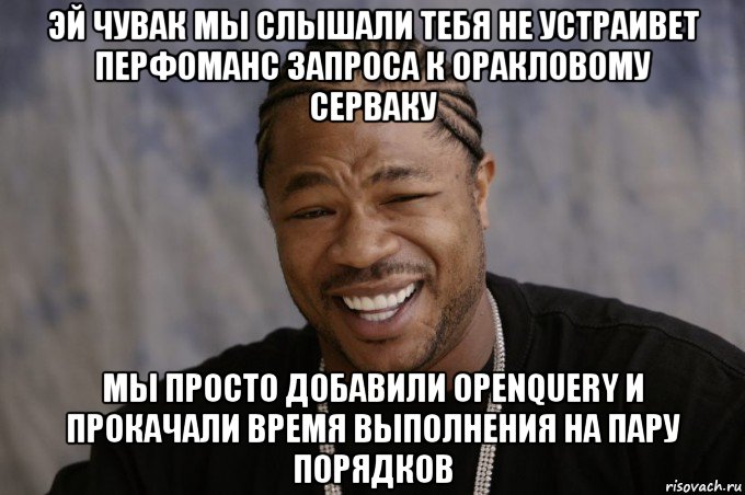 эй чувак мы слышали тебя не устраивет перфоманс запроса к оракловому серваку мы просто добавили openquery и прокачали время выполнения на пару порядков, Мем Xzibit