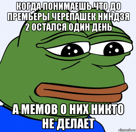 когда понимаешь что до премьеры черепашек ниндзя 2 остался один день а мемов о них никто не делает, Мем Грустная лягушка