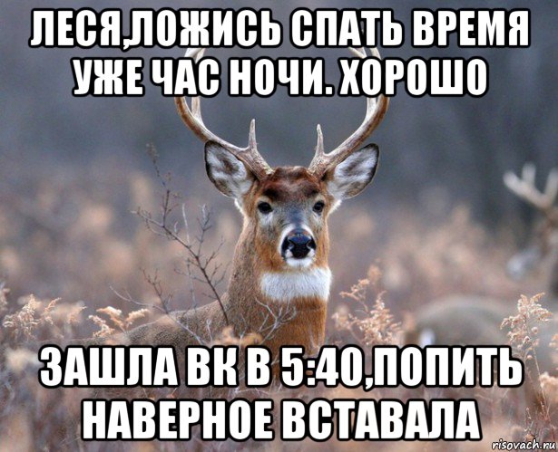 леся,ложись спать время уже час ночи. хорошо зашла вк в 5:40,попить наверное вставала