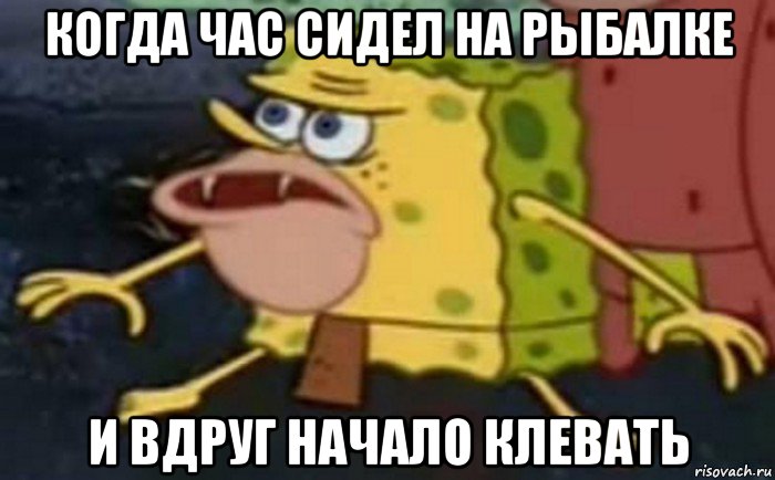 когда час сидел на рыбалке и вдруг начало клевать, Мем Пещерный Губка Боб