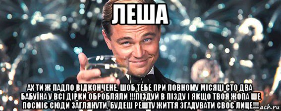 леша ах ти ж падло відкончене, шоб тебе при повному місяці сто два бабуїна у всі дірки обробляли !!!піздуй в пізду і якщо твоя жопа ше посміє сюди заглянути, будеш решту життя згадувати своє лице!!!, Мем  старина Гэтсби