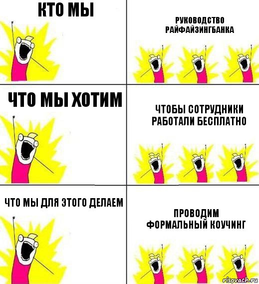 Кто мы Руководство райфайзингбанка Что мы хотим Чтобы сотрудники работали бесплатно Что мы для этого делаем Проводим формальный коучинг