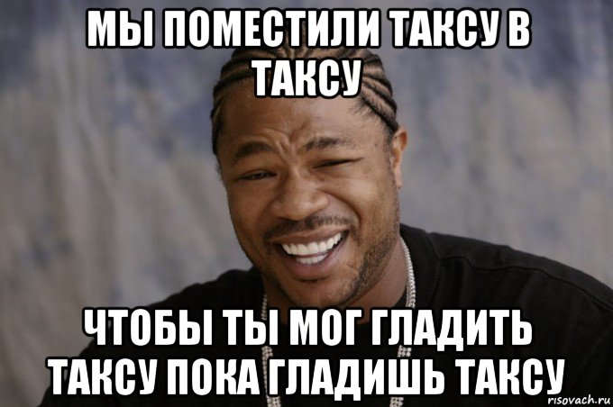 мы поместили таксу в таксу чтобы ты мог гладить таксу пока гладишь таксу, Мем Xzibit