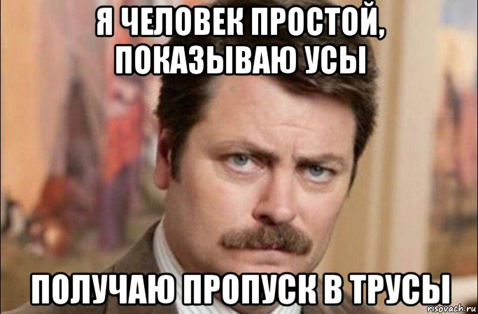 я человек простой, показываю усы получаю пропуск в трусы, Мем  Я человек простой