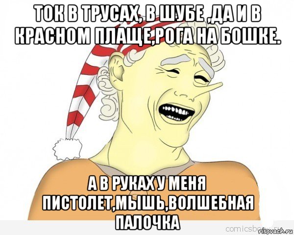 ток в трусах, в шубе ,да и в красном плаще,рога на бошке. а в руках у меня пистолет,мышь,волшебная палочка