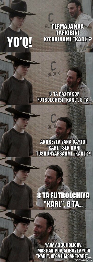 Terma jamoa tarkibini ko'rdingmi "Karl"? YO'Q! 8 ta Paxtakor futbolchisi "Karl", 8 ta... Andreyev yana qaytdi "Karl", sen buni tushunyapsanmi "Karl"?! 8 ta futbolchiya "Karl", 8 ta... YANA Abduholiqov, Masharipov, Aliboyev yo'q "Karl", nega jimsan "Karl"..., Комикс  Carl