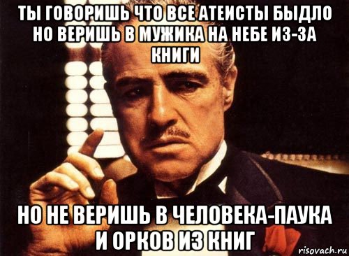 ты говоришь что все атеисты быдло но веришь в мужика на небе из-за книги но не веришь в человека-паука и орков из книг, Мем крестный отец