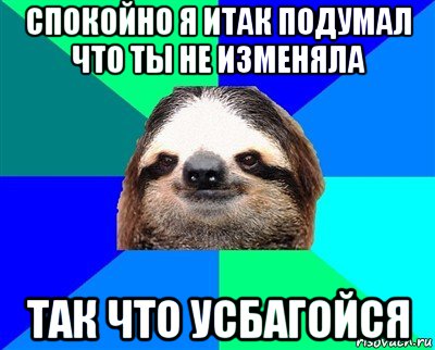 спокойно я итак подумал что ты не изменяла так что усбагойся