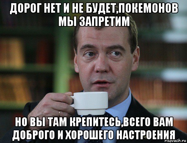 дорог нет и не будет,покемонов мы запретим но вы там крепитесь,всего вам доброго и хорошего настроения, Мем Медведев спок бро