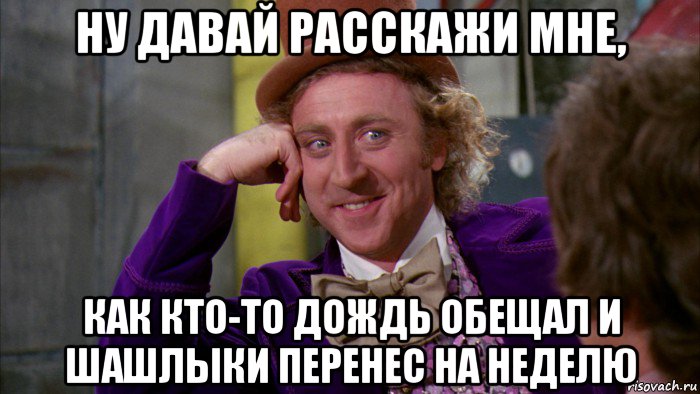 ну давай расскажи мне, как кто-то дождь обещал и шашлыки перенес на неделю, Мем Ну давай расскажи (Вилли Вонка)