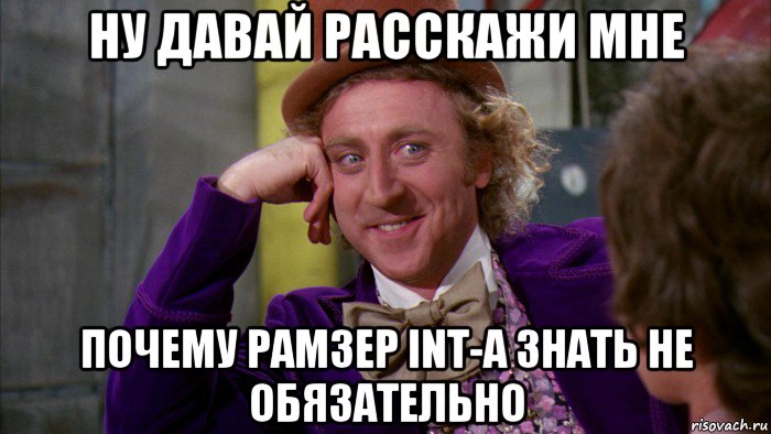 ну давай расскажи мне почему рамзер int-а знать не обязательно, Мем Ну давай расскажи (Вилли Вонка)