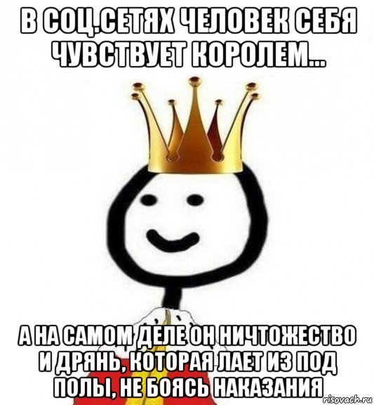 в соц.сетях человек себя чувствует королем... а на самом деле он ничтожество и дрянь, которая лает из под полы, не боясь наказания, Мем Теребонька Царь