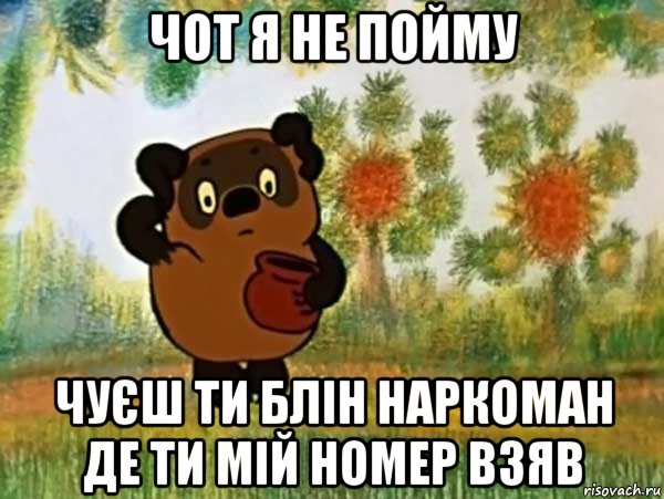 чот я не пойму чуєш ти блін наркоман де ти мій номер взяв, Мем Винни пух чешет затылок