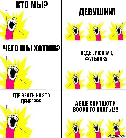 Кто мы? Девушки! Чего мы хотим? Кеды, рюкзак, футболку! Где взять на это денег??? А еще свитшот и вооон то платье!!!