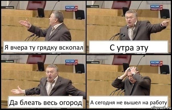 Я вчера ту грядку вскопал С утра эту Да блеать весь огород А сегодня не вышел на работу, Комикс Жирик в шоке хватается за голову